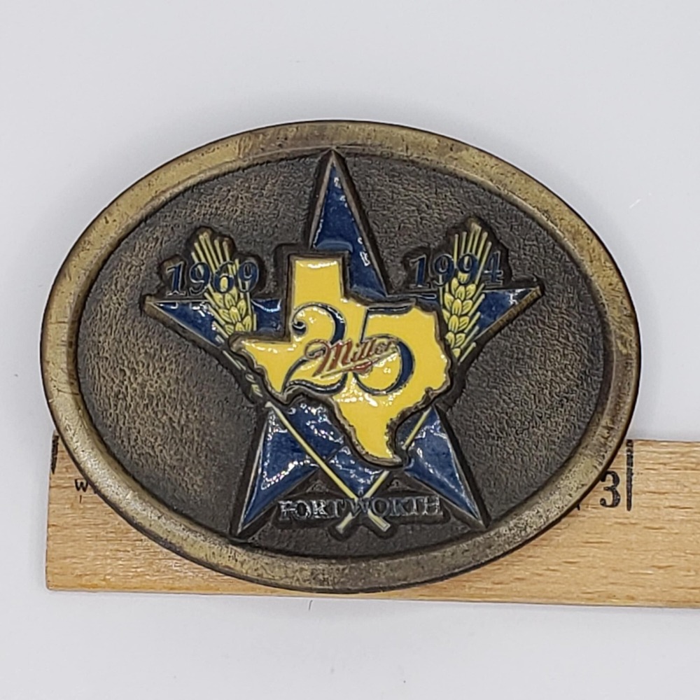 Miller Beer 25th Anniversary Ft Worth Texas Blue Yellow Brass Oval Belt Buckle - Picture 6 of 6